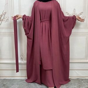 Solid rose abaya 5pc set (includes belt, hijab, inner layer, outer abaya, skirt